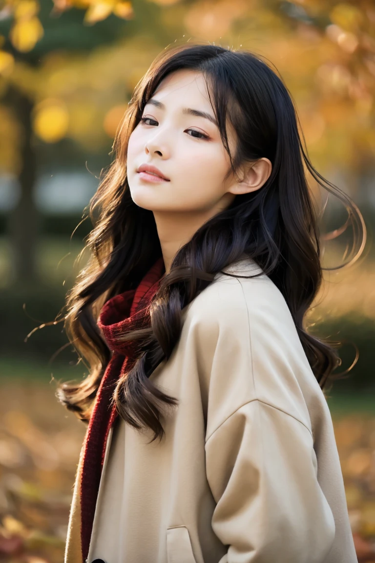 Beautiful girl wearing autumn clothes、14years、bow ribbon、japanes、(heavy wind)、wistfulness、A dark-haired、Spinning、An expression that reminds you of something with your eyes closed、