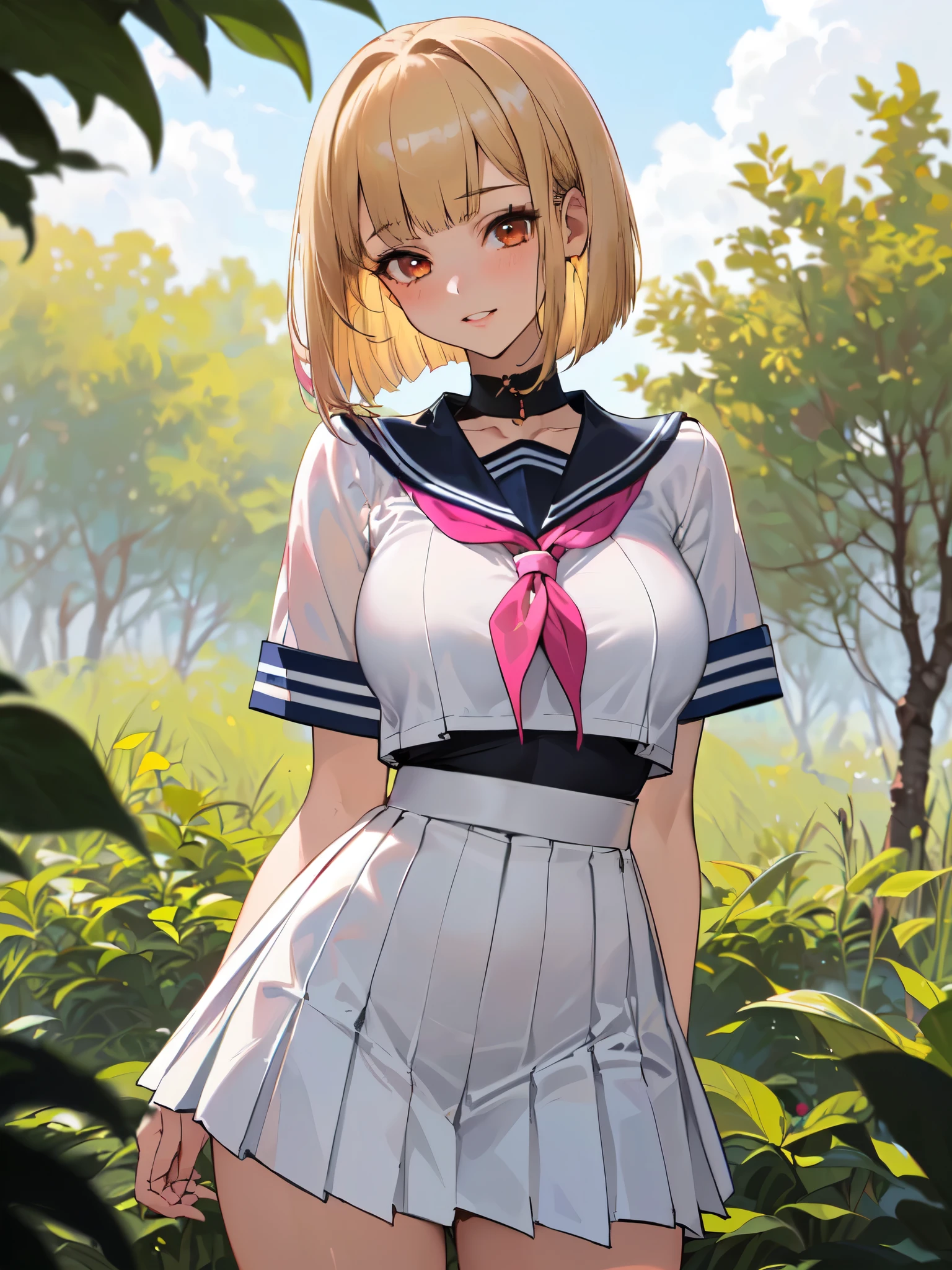 SFW (masterpiece, best quality, 32k) a youthful age girl with short blonde hair ((golden blonde hair, bangs, diagonal bangs, straight bangs, blunt bangs, bob, assymetric bob, inverted bob, long bangs)), ((pink-brown eyes, pink eyes, brown eyes, red eyes)), ((beautiful face, sultry face, impish face, delicate features, sexy face)), pale skin, walking, standing, relaxed, forest, trees, sky, clouds. modern clothes, school uniform, middle school uniform, japanese school uniform ((sailor-style collar, white blouse, pleated skirt, serafuku)), ((large breasts:1.3, first-rate breasts:1.3, round breasts:1.3, perky breasts:1.3)), ((slim:1.3, lithe:1.3, slender:1.3, thin:1.3, busty:1.2, buxom:1.2)), ((round hips, thin waist, waspish waist)), ((long legs, slender legs)), small smile ((full lips)), serene expression, calm expression, relaxed expression, open eyes, large eyes, expressive eyes, head to waist portrait, cinematics, color oil painting, cinematic lighting, ((extremely detailed face)), ((finely detailed face)), ((Extremely detailed eyes)), ((finely detailed eyes)), ((beautiful face)), ((beautiful eyes)), perfect lighting, depth of field, (realistic proportions), (good anatomy), ((solo:1.6)), ((1girl:1.6))