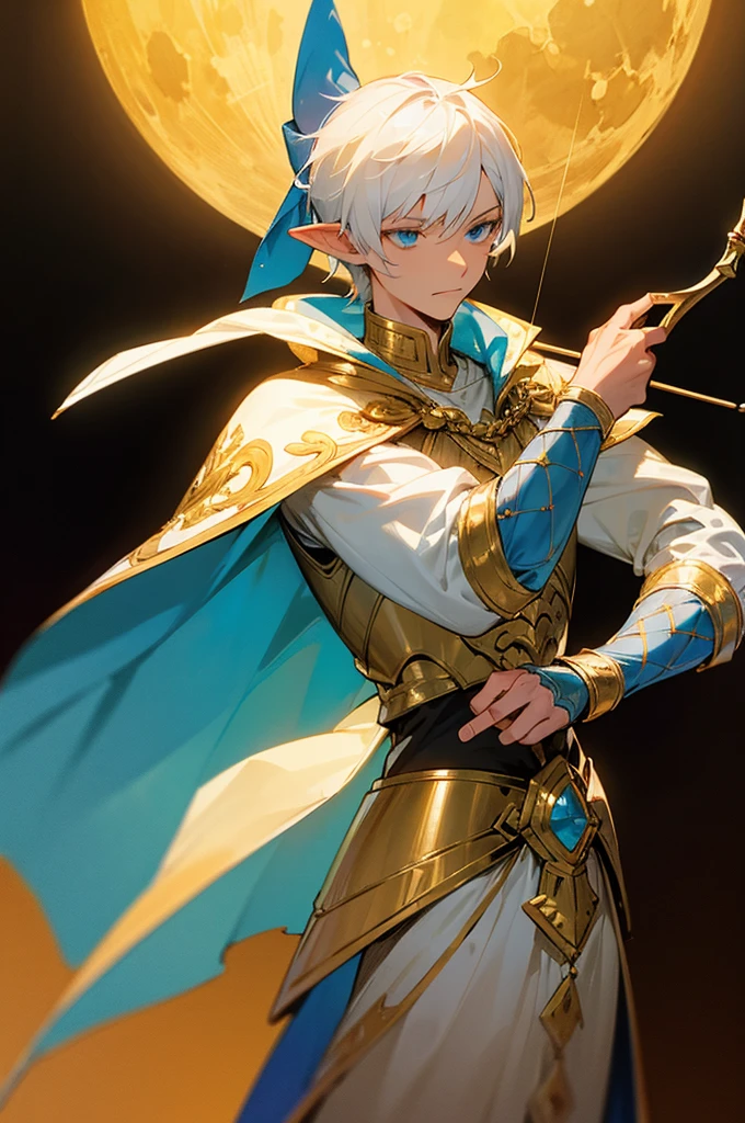 ultra-detailed, pointy ears, white hair, blue eyes, short hair, wears gold armor on his chest, gold bracelets on his hands, on his sleeves he wears a white fabric, wears a blue cape on his back with gold ornaments, the cape covers the armor on his shoulders, holding a bow and arrow in his hand, the cloth Is the moon, a face, ethereal lighting, mystical atmosphere, vibrant colors