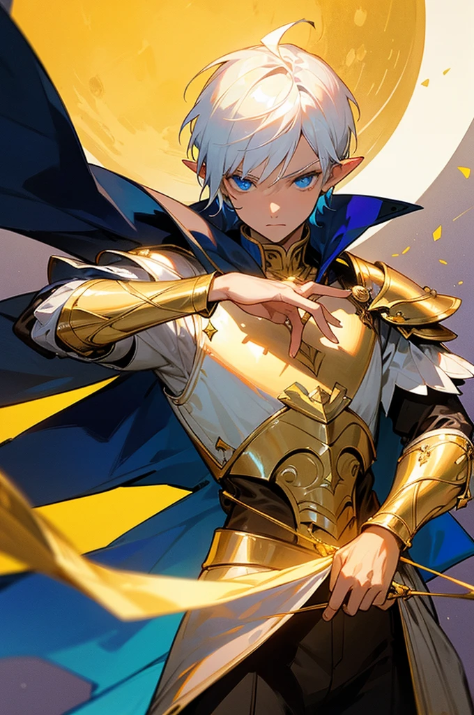 ultra-detailed, pointy ears, white hair, blue eyes, short hair, wears gold armor on his chest, gold bracelets on his hands, on his sleeves he wears a white fabric, wears a blue cape on his back with gold ornaments, the cape covers the armor on his shoulders, holding a bow and arrow in his hand, the cloth Is the moon, a face, ethereal lighting, mystical atmosphere, vibrant colors