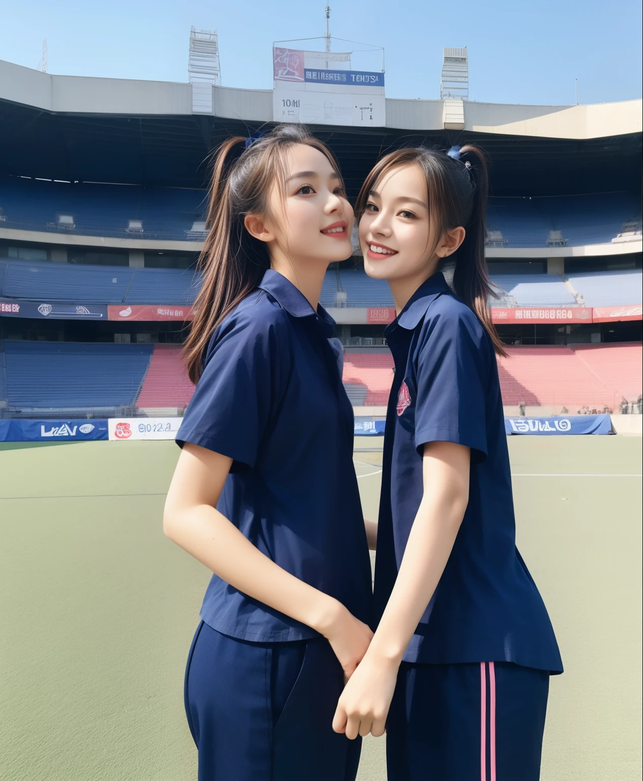 (bestquality,10,10,highres,masterpiece:1.2),ultra-detail,(Realistic,ภาพRealistic,photo-realistic:1.37),1 Cute girl in the football field,oily shiny skin,bara,light smile,BDclothelue shirt:1.3)),short sleeves,shirt, trousers.,(navy_long_ติดตามtrousers:1.1), ((Stadium Background:1.3)),dynamic angle,excited,face focus,Dynamic Poses,from behide,Ass Focus,masterpiece, bestquality, ultra realistic, hyper-detail, 8k resolution, RAW photo, crisp focus, ((Navy blue shirt:1.1)), short sleeves, เส้นทางlong, Complete bodyแบบ, 2 mature women, 18yo, cinematic light,trousersวอร์มสีน้ําเงิน,Gymware,Correct anatomy,Complete body, Correct body, sharp face, Correct bodyทางกายวิภาค, full entire body, Realistic gestures, long-haired, Realistic poses,Wear long shorts..............................,ช่วงขาlong,Shapely,Sculpting Girl, Slender Figure, mannequin mannequins, Shapely, Beautiful body,trousersวอร์มสีน้ําเงิน, Two girls kissing