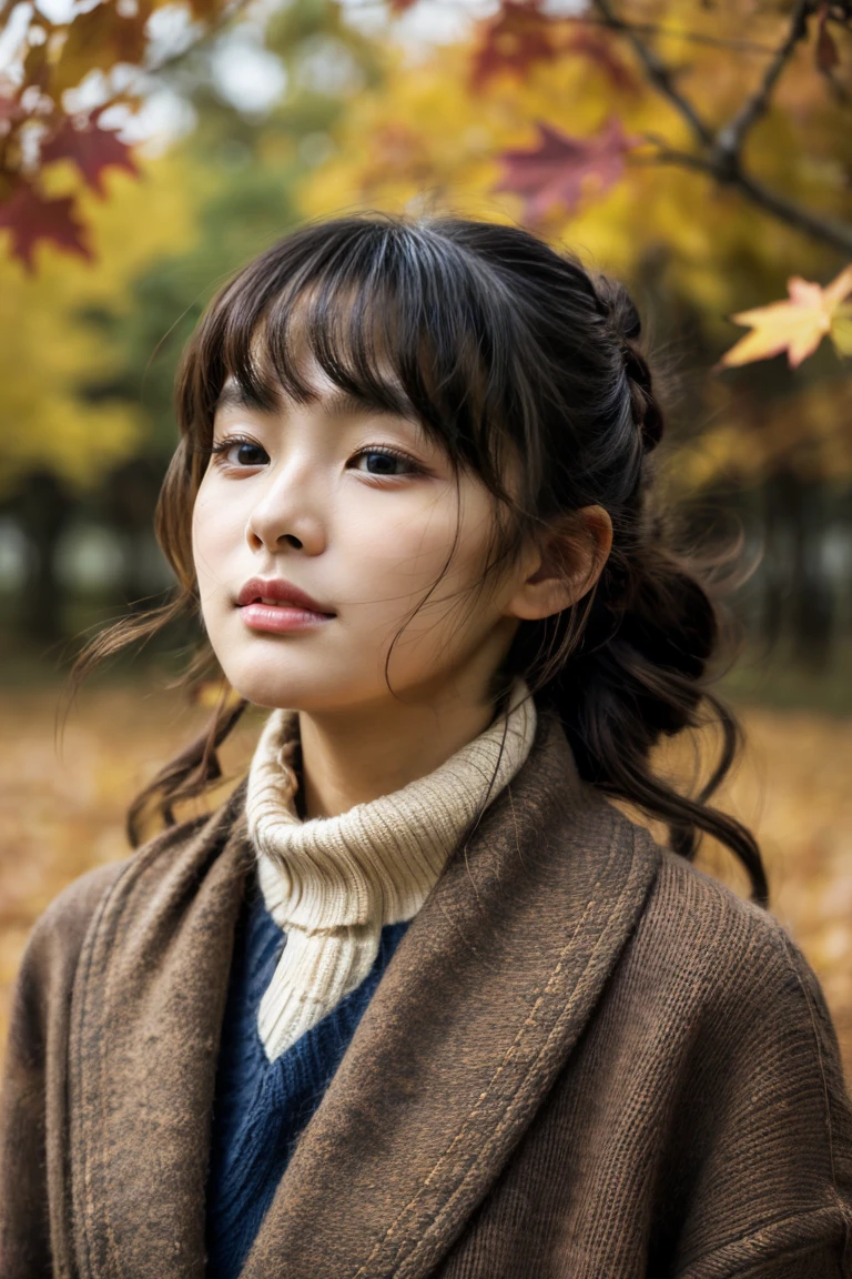 Beautiful girl wearing autumn clothes、12year old、bow ribbon、japanes、(heavy wind)、wistfulness、A dark-haired、Spinning、An expression that reminds you of something with your eyes closed、