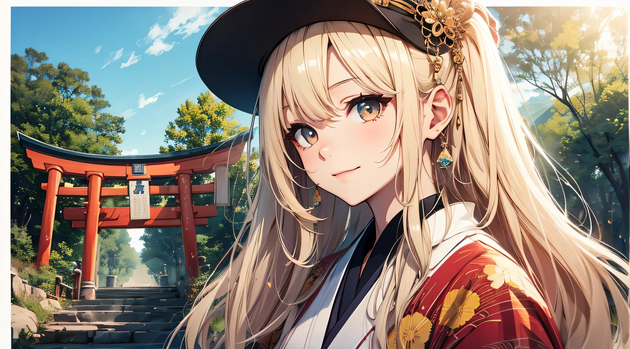 top-quality、Top image quality、​masterpiece、s girl((18year old、 Ager、Best Bust、Medium bust,wide open breast tea、Golden Eyes, a blond、poneyTail、A slender,Highest valley、Red kimono、Cute Hair Ornament、The best smile、Face the front)),hiquality、Beautiful Art、Background with((jpn、Blue sky、shrines、torii gate、Bright sun)),masutepiece、depth of fields、movie、visualart、Perfect Art