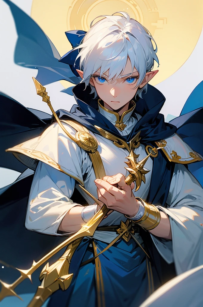 ultra-detailed, pointy ears, white hair, blue eyes, short hair, wears silver armor on his chest, silver bracelets on his hands, on his sleeves he wears a white fabric, wears a blue cape on his back with gold ornaments, the cape covers the armor on his shoulders, holding a bow and arrow in his hand, the cloth Is the moon, a face, ethereal lighting, mystical atmosphere, vibrant colors