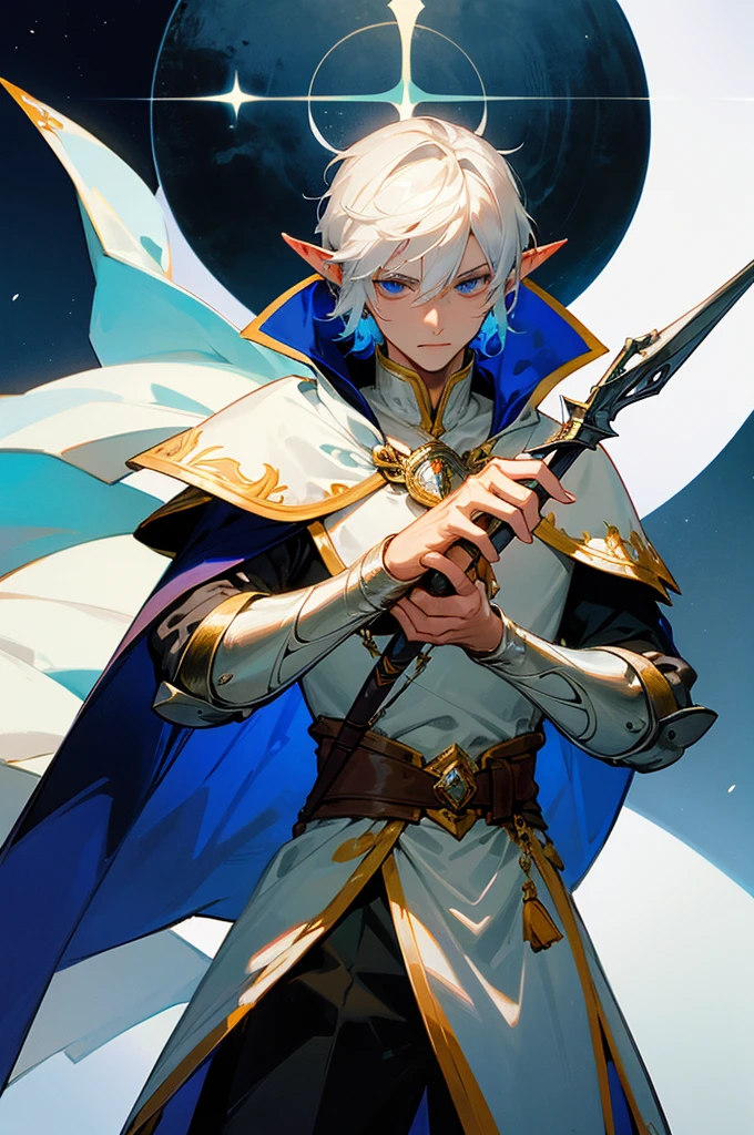 ultra-detailed, pointy ears, white hair, blue eyes, short hair, wears silver armor on his chest, silver bracelets on his hands, on his sleeves he wears a white fabric, wears a blue cape on his back with gold ornaments, the cape covers the armor on his shoulders, holding a bow and arrow in his hand, the cloth Is the moon, a face, ethereal lighting, mystical atmosphere, vibrant colors