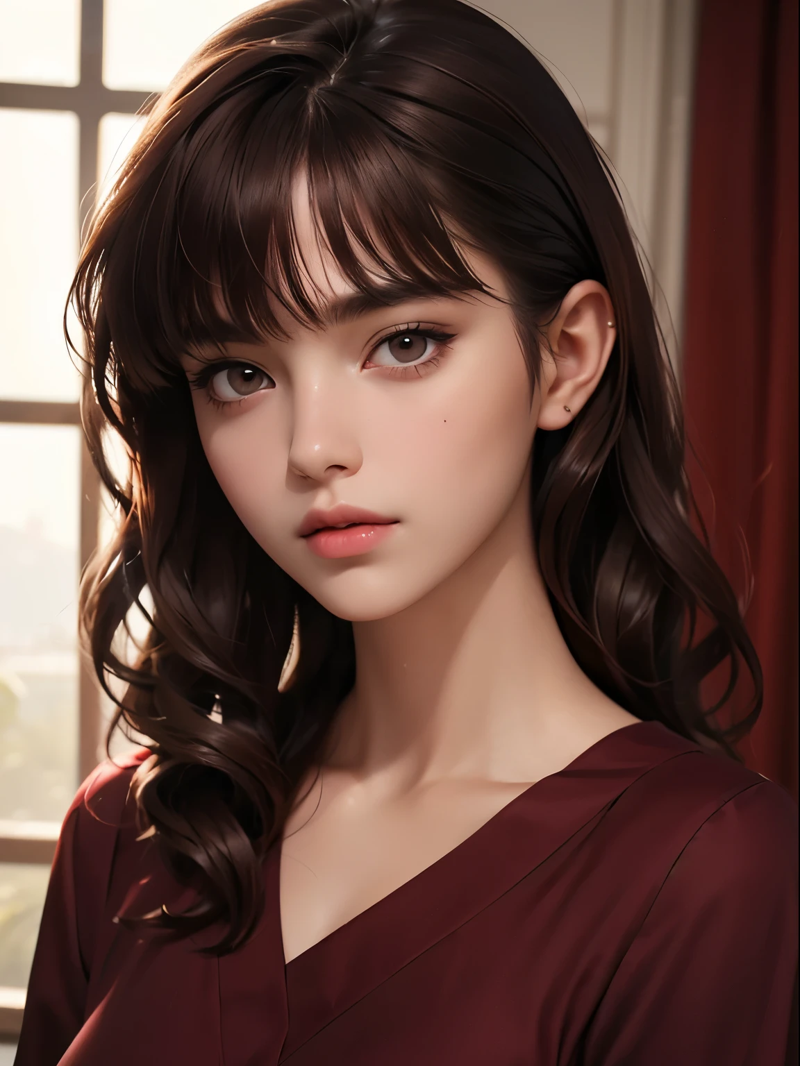 Masterpiece, best quality, realistic, 1woman, quiet, calm and pretty young woman, , ((close mouth)), extremely detailed, a little distance, half body, maroon casual dress, ((dark brown eyes)), ((wavy with bang brunette hair)), 4K