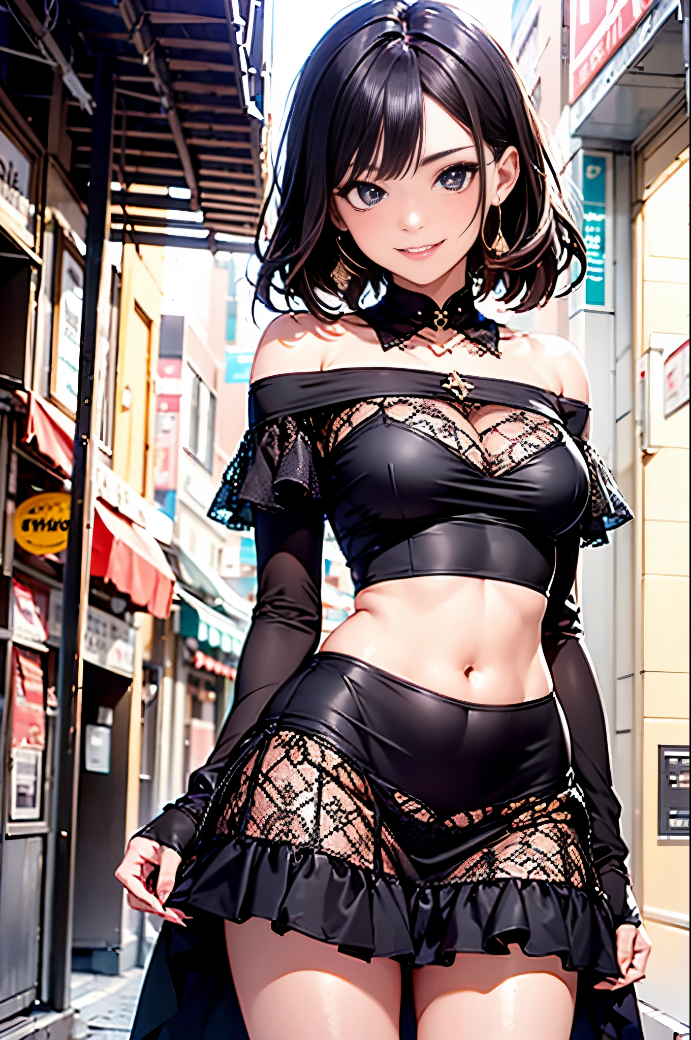 1 girl, Alone, Eyes exude exquisite light, the ultra-detailed, HighDynamicRange, Ultra-detailed eyes,  The brilliant colors are absolutely eye-catching, dynamic angle, Beautiful details shine through, ambient light遮蔽, ambient light,ssmile, vintagestyle,short, off-the-shoulder shirts，navel，Ruffled mini skirt,Drill your hair,pedestrian street，Quaint street