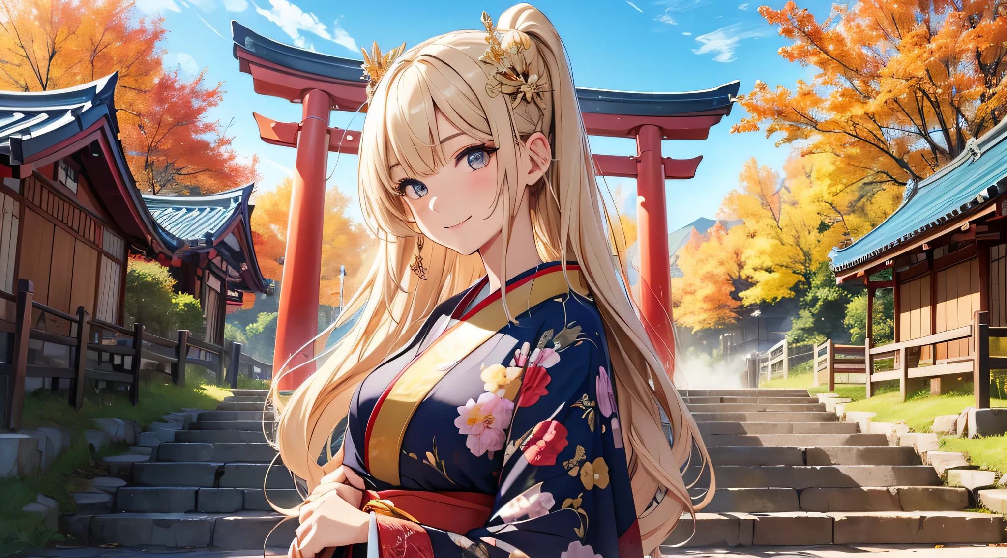 top-quality、Top image quality、masterpiece、s girl((18year old、 Ager、Best Bust、Medium bust,wide open breast tea、Golden Eyes, a blond、poneyTail、A slender,Highest valley、Red kimono、Cute Hair Ornament、The best smile、Face the front)),hiquality、Beautiful Art、Background with((jpn、Blue sky、shrines、torii gate、Bright sun)),masutepiece、depth of fields、movie、visualart、Perfect Art