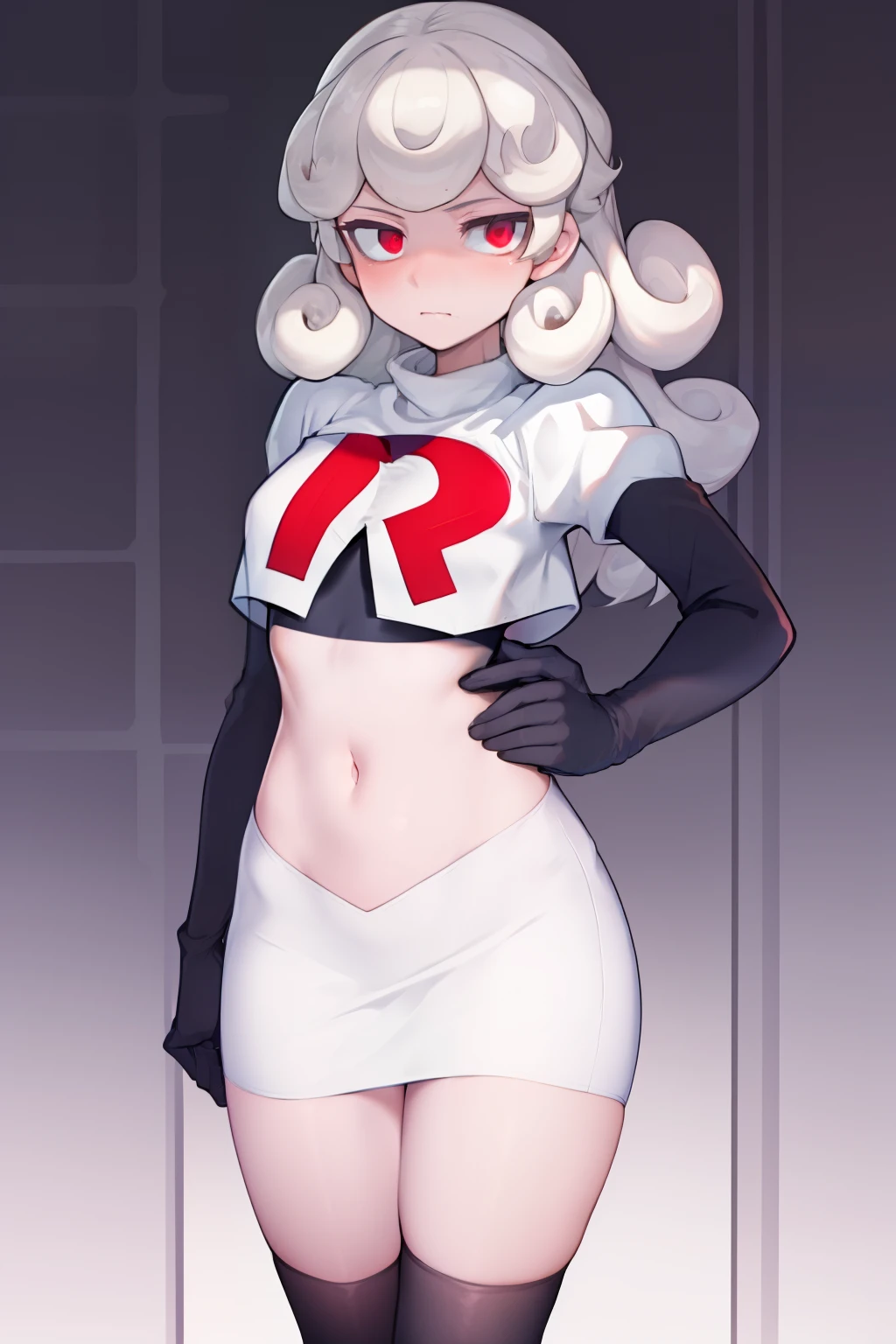 masterpiece, best quality, red eyes, white curly kair, team rocket,team rocket uniform,white skirt,red letter R,crop top,black thigh-highs,black elbow gloves,