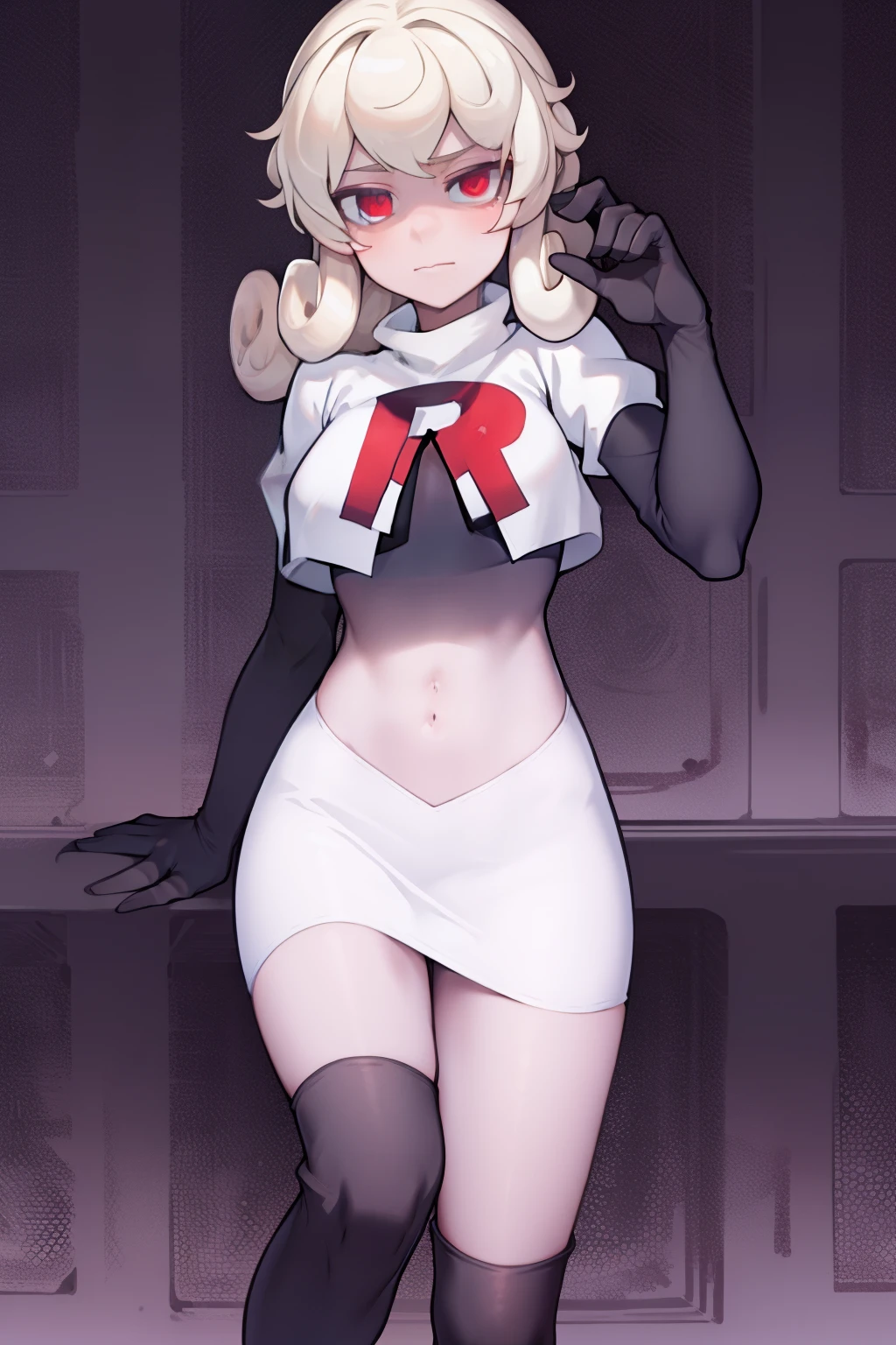 masterpiece, best quality, red eyes, white curly kair, team rocket,team rocket uniform,white skirt,red letter R,crop top,black thigh-highs,black elbow gloves,