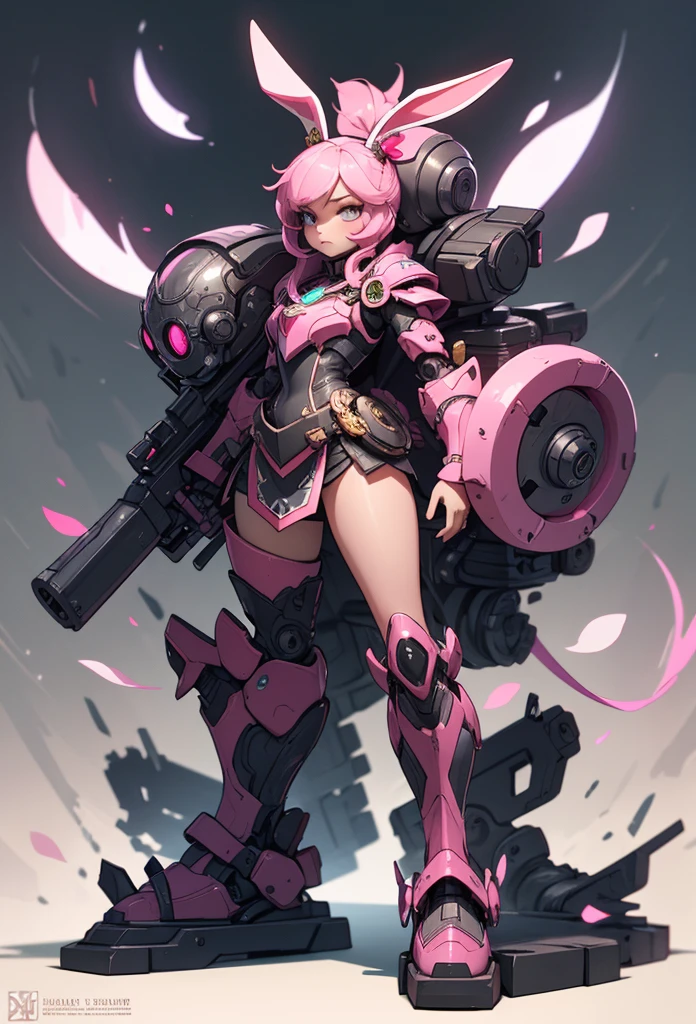 (detailed illustrations,Very detailed and precise drawing,Delicate drawn lines with tempo,Realistic texture expression),[color traced main line],(fantasy world battlefield [burning castle]),(GIRL ROBOT 12yo (pink rabbit [METALFACE[lenticular iris]])) [WEAPON MACHINE],(([petal] metal dress [frills]) [flower pattern] [Clear pink translucent armor that covers the body surface]) [ribbon]) [Energy tubes that glow at the joints],[use a sledgehammer as a weapon],[[Mobile Weapon Gigant Size][science fiction mechanical]],(Metallic luster on metal parts),(intricate and beautiful decoration [Dense detail]),(Precisely drawn face)[perfect eye details(Beautifully detailed iris)[eyes like jewels]],[long and beautiful eyelashes],[precisely drawn hair [Beautiful and shiny hair details]],(perfect hand details [Beautiful fingers with no damage [beautiful nails]]),(perfect anatomy(perfectly balanced proportions))[[full body portrait]],[ideal color coordination(Accurate simulation of light and material interactions)],[Visual art that tells a story].