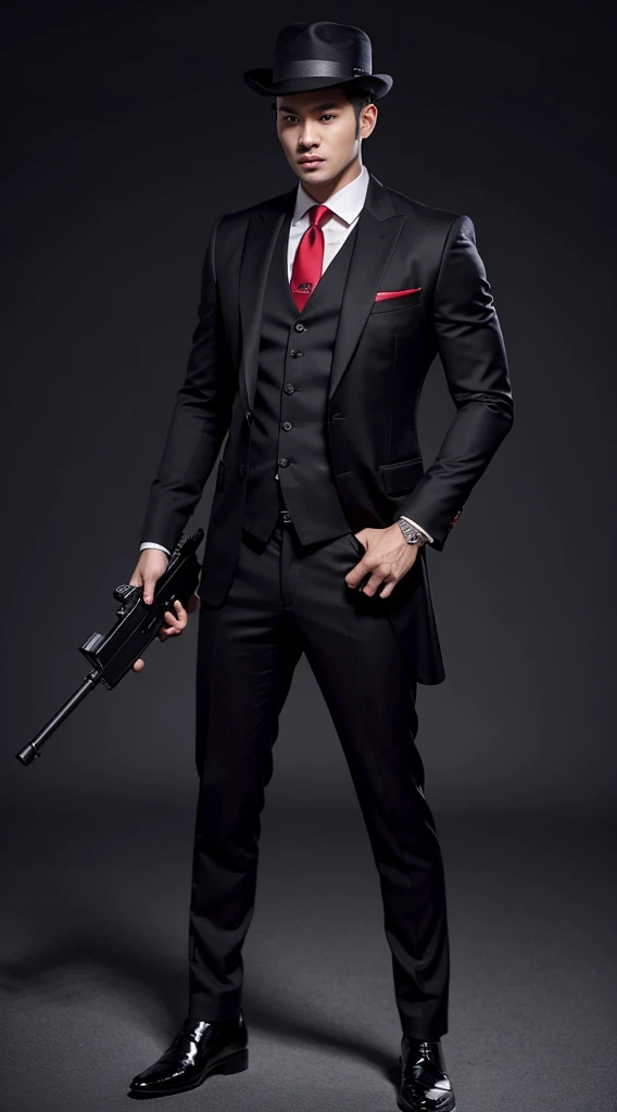 Studio photo shows a handsome 30 year old male model from Indonesia wearing mafia clothes, black suit, red tie, black hat, shiny black shoes, carrying two guns, with a fierce facial expression. with a studio photo background. Realistic real photo UHD 8k resolution, almost perfect, intricate details, very detailed, high quality