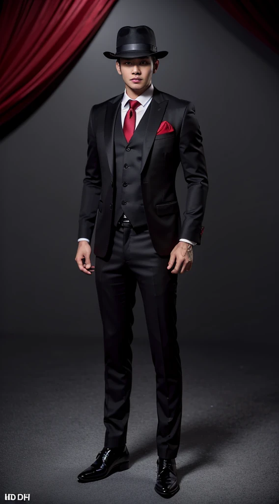 Studio photo shows a handsome 30 year old male model from Indonesia wearing mafia clothes, black suit, red tie, black hat, shiny black shoes, carrying two guns, with a fierce facial expression. with a studio photo background. Realistic real photo UHD 8k resolution, almost perfect, intricate details, very detailed, high quality