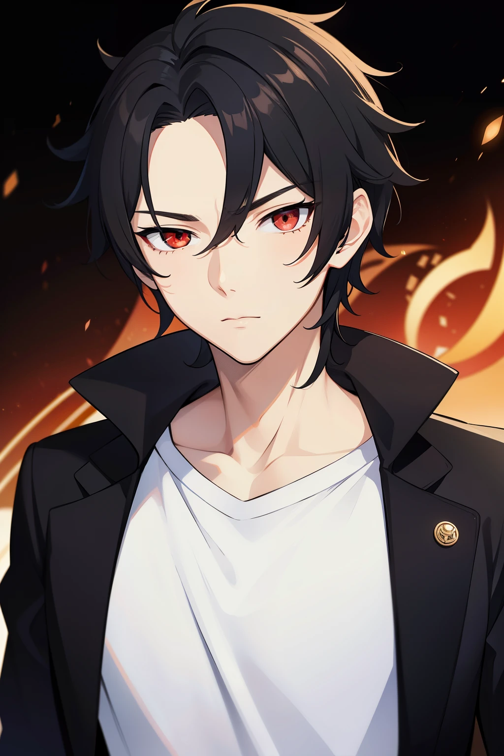 (high-quality, breathtaking),(expressive eyes, perfect face) 1 boy, handsome boy, black hair, comma hair, comma forehead hair, korean hair, street style, long sleeved shirt, pattern on shirt, black jacket, bright, red eyes, looking at screen, upper body, portrait, slightly narrow eyes