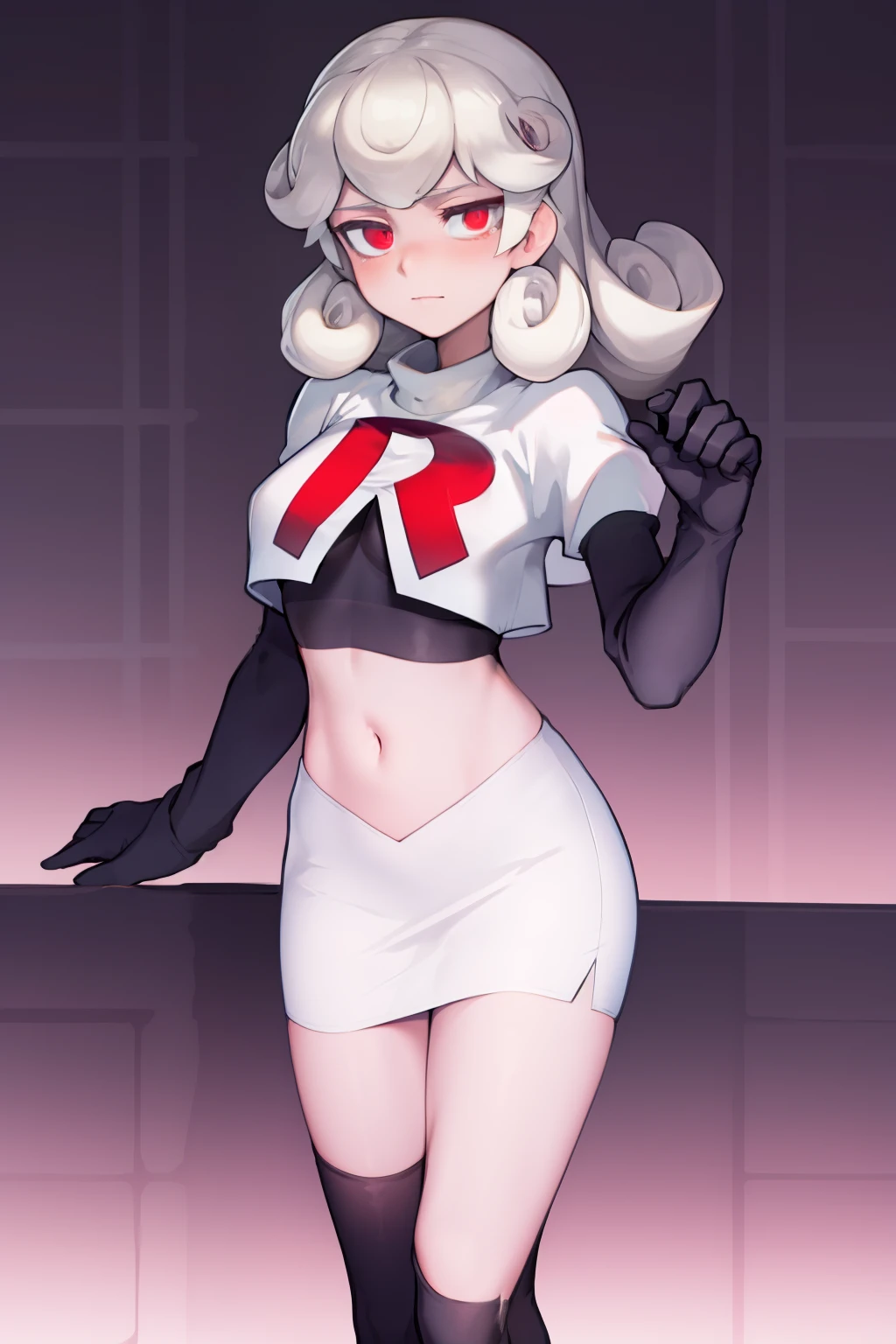 masterpiece, best quality, red eyes, white curly kair, team rocket,team rocket uniform,white skirt,red letter R,crop top,black thigh-highs,black elbow gloves,
