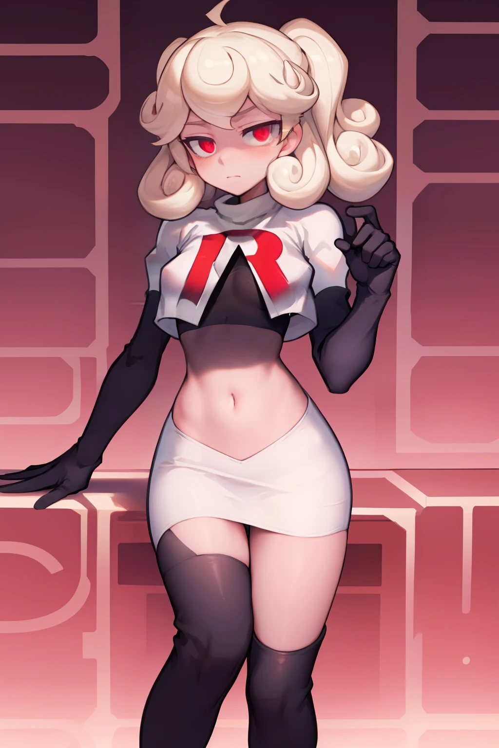 masterpiece, best quality, red eyes, white curly kair, team rocket,team rocket uniform,white skirt,red letter R,crop top,black thigh-highs,black elbow gloves,