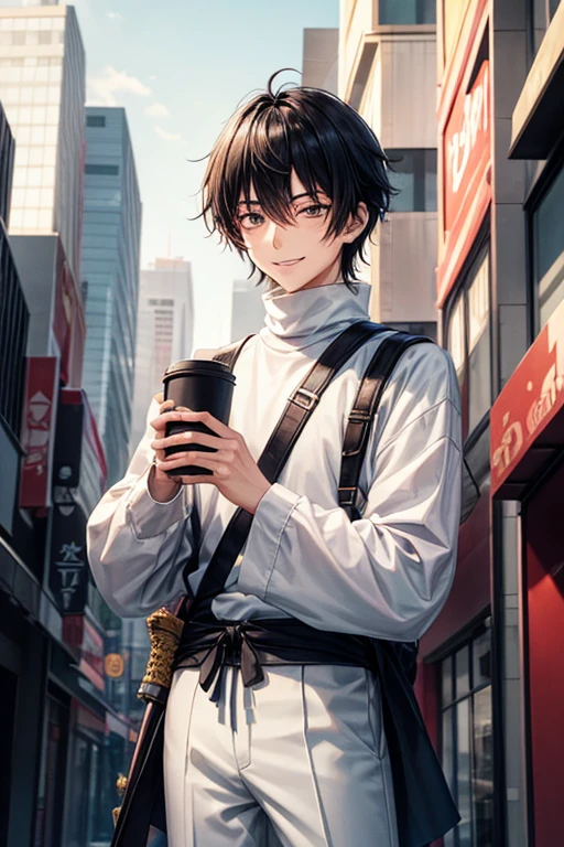 A tall  Japanese male with noticeable dark eyebags under his eyes. His face is angular and his medium-length hair is sideswept. He's wearing a white turtleneck and plain black pants. He has a long katana in a black sheath at his waist with a red handle. He's smiling slightly as he stands in an empty modern city environment while holding a coffee cup held in his left hand.