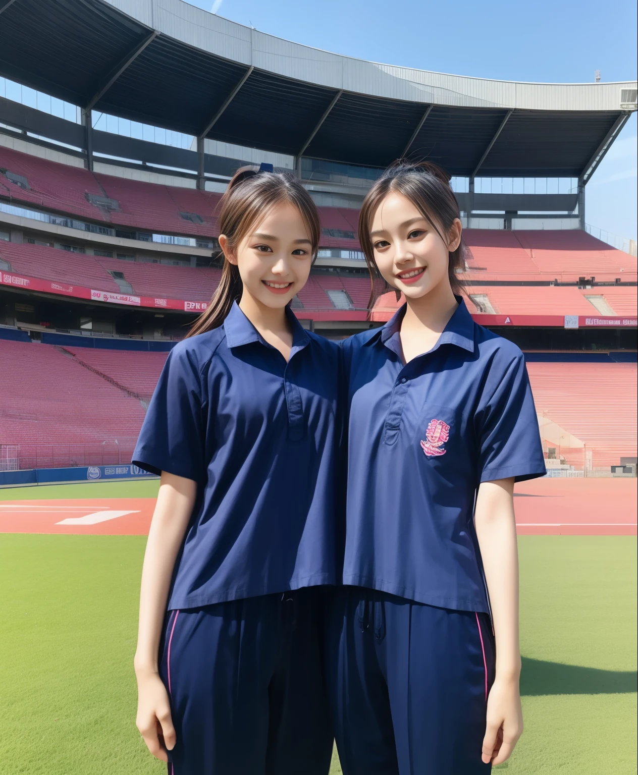 (bestquality,10,10,highres,masterpiece:1.2),ultra-detail,(Realistic,ภาพRealistic,photo-realistic:1.37),1 Cute girl in the football field,oily shiny skin,bara,light smile,BDclothelue shirt:1.3)),short sleeves,shirt, trousers.,(navy_long_ติดตามtrousers:1.1), ((Stadium Background:1.3)),dynamic angle,excited,face focus,Dynamic Poses,from behide,Ass Focus,masterpiece, bestquality, ultra realistic, hyper-detail, 8k resolution, RAW photo, crisp focus, ((Navy blue shirt:1.1)), short sleeves, เส้นทางlong, Complete bodyแบบ, 2 mature women, 18yo, cinematic light,trousersวอร์มสีน้ําเงิน,Gymware,Correct anatomy,Complete body, Correct body, sharp face, Correct bodyทางกายวิภาค, full entire body, Realistic gestures, long-haired, Realistic poses,Wear long shorts..............................,ช่วงขาlong,Shapely,Sculpting Girl, Slender Figure, mannequin mannequins, Shapely, Beautiful body,trousersวอร์มสีน้ําเงิน, Two girls kissing
