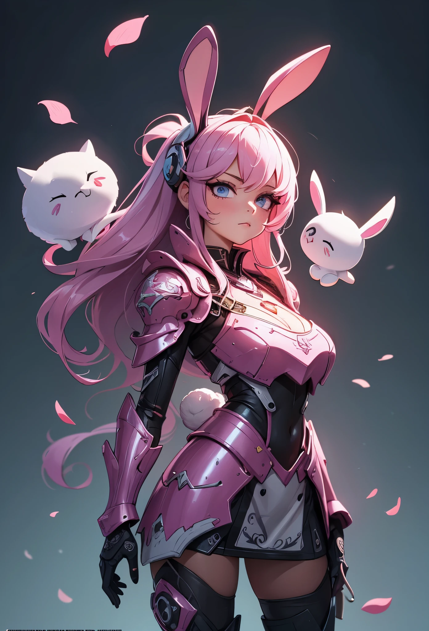 (Detailed illustrations,Very detailed and detailed drawing,Delicate lines with slow and rapid,Realistic texture expression),[Color tressed main line],(Battlefield of Fantasy World [Burning castle]),(GIRL ROBOT  (Pink rabbit [METALFACE])) [WEAPON MACHINE],(([petal] Metal Dress [frilld]) [Floral pattern] [Clear pink translucent armor covering the body surface]) [bow ribbon]) [Energy tube glowing at the joint],[use a sledgehammer as a weapon],[[Mobile Weapon Gigant Size][Science Fiction Mechanical]],(Metallic luster at metal),(Intricate and beautiful decoration [Dense detail]),(Precisely drawn face)[Perfect eye details(Iris beautifully drawn in every detail)[Jewel-like eyes]],[long and beautiful eyelashes],[Meticulously drawn hair [More on beautiful and shiny hair]],(Perfect hand details [Beautiful fingers without breakdowns [Beautiful nails]]),(Perfect Anatomy(Perfectly proportioned))[[Full body like]],[Ideal color coordination(Accurate simulation of light-material interactions)],[Visual art that conveys a sense of narrative].