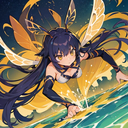 A girl covered in insect parfait who serves insects、Amazing dynamism、Amazing Angle、Unstable buoyancy sandstorm、Many friendly insects float closely together and chase each other.、surround each other'wing insect、