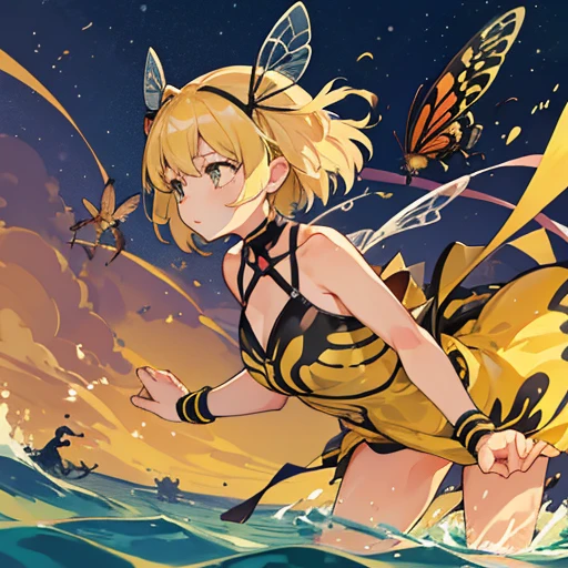 A girl covered in insect parfait who serves insects、Amazing dynamism、Amazing Angle、Unstable buoyancy sandstorm、((((Many friendly insects float closely together and chase each other.))))、surround each other'wing insect、