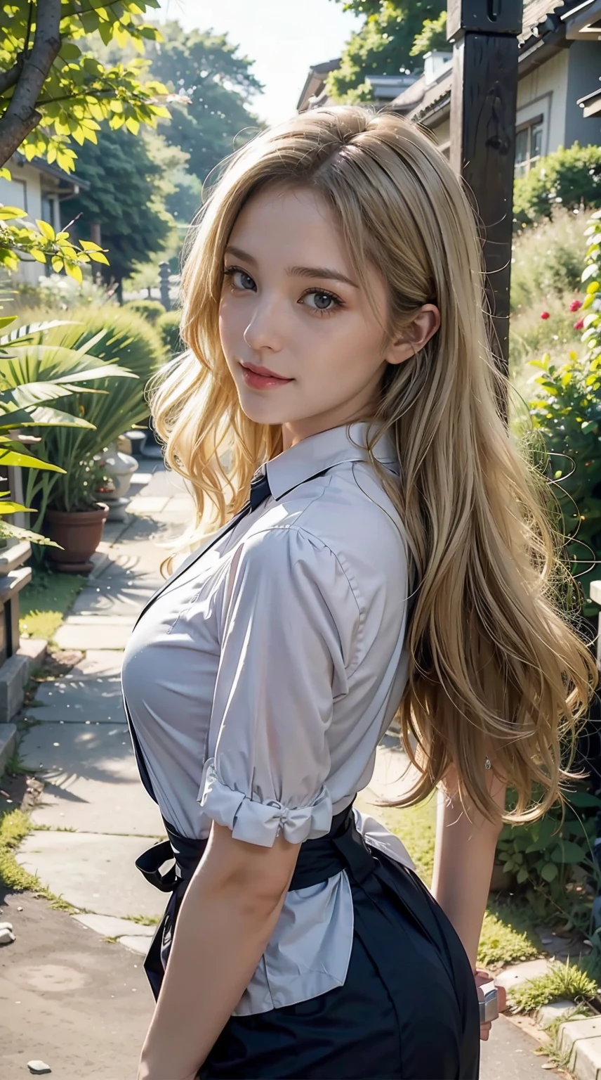 American white woman with unparalleled looks、dark blonde、Semi-long hair、Hair is wavy、mischief 、A slender、Out of focus background of open meadow in the forest、The sun filtering through the trees is beautiful、a smile、Looking at the camera、A slenderでありながら胸が大きく均整の取れた身体、Posing like a model、Looking from the side、There must be space above the head