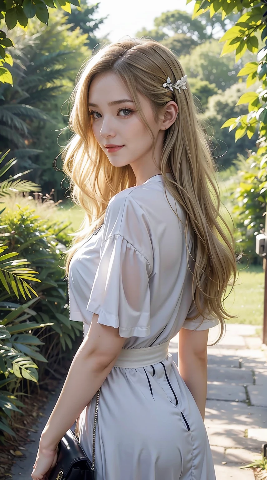 American white woman with unparalleled looks、dark blonde、Semi-long hair、Hair is wavy、mischief 、A slender、Out of focus background of open meadow in the forest、The sun filtering through the trees is beautiful、a smile、Looking at the camera、A slenderでありながら胸が大きく均整の取れた身体、Posing like a model、Looking from the side、There must be space above the head