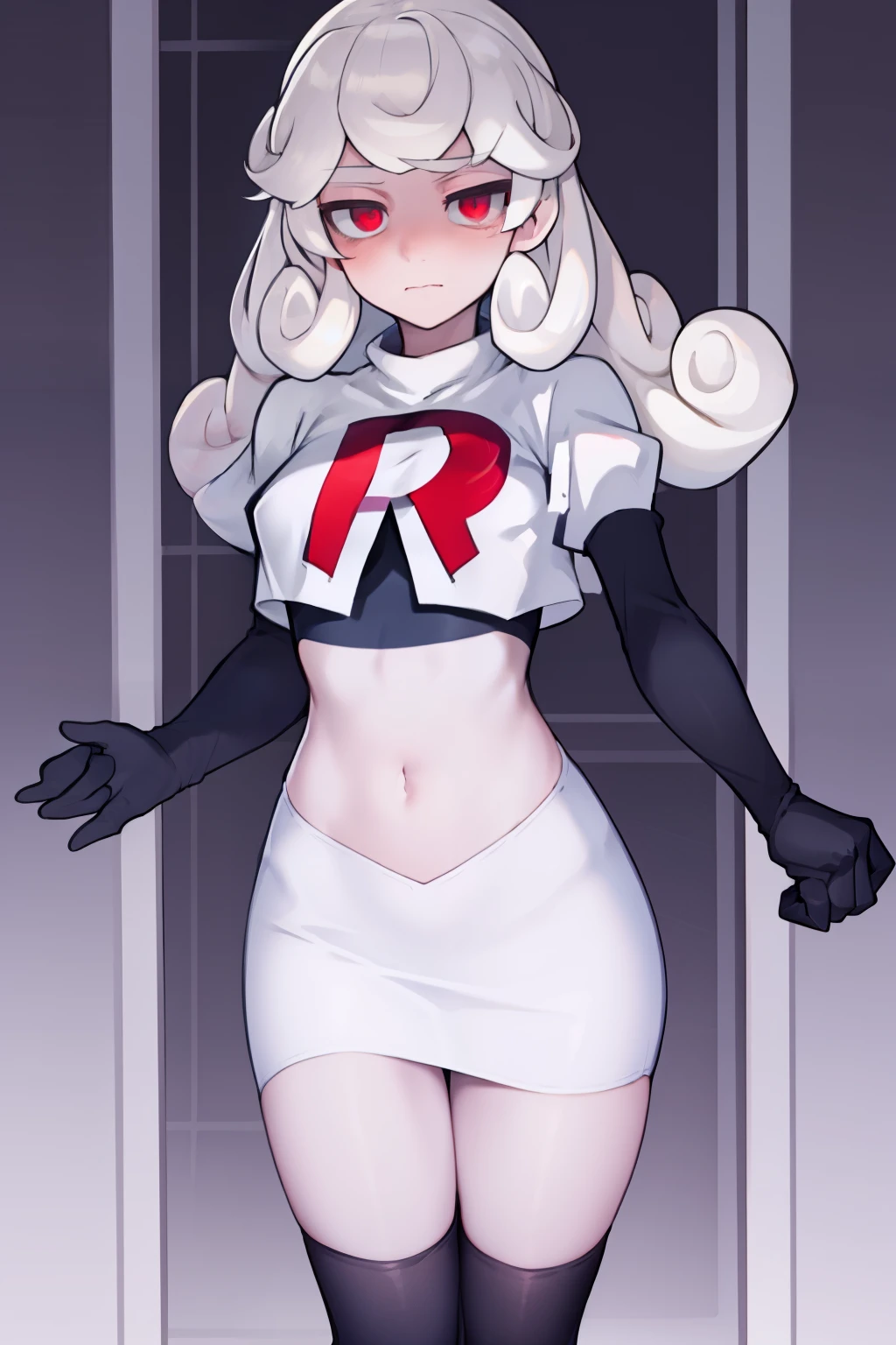 masterpiece, best quality, red eyes, white curly kair, team rocket,team rocket uniform,white skirt,red letter R,crop top,black thigh-highs,black elbow gloves,