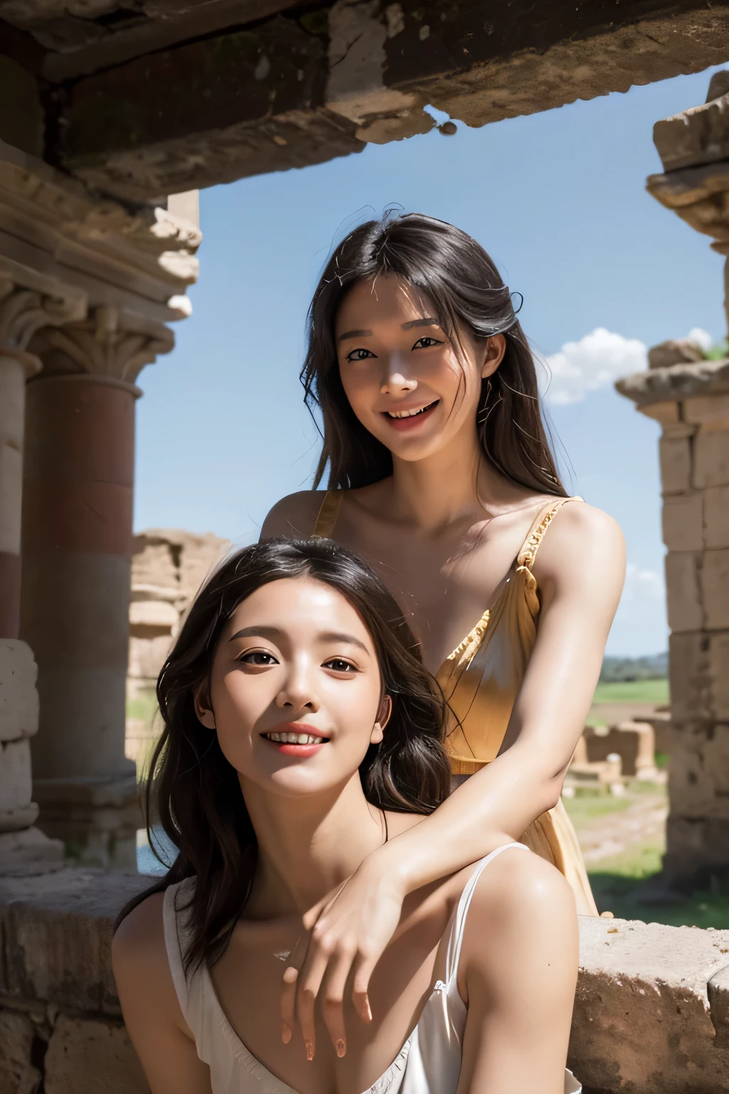 Ancient Roman ruins,Poussin-style landscape,A smile,,Sweet and seductive appearance.、Caravaggio's paintings、Chiaroscuro of Caravaggio、Hair disheveled in the wind,Two women frolicking,Cute smile, Expression of ecstasy,A sexy,Erotic