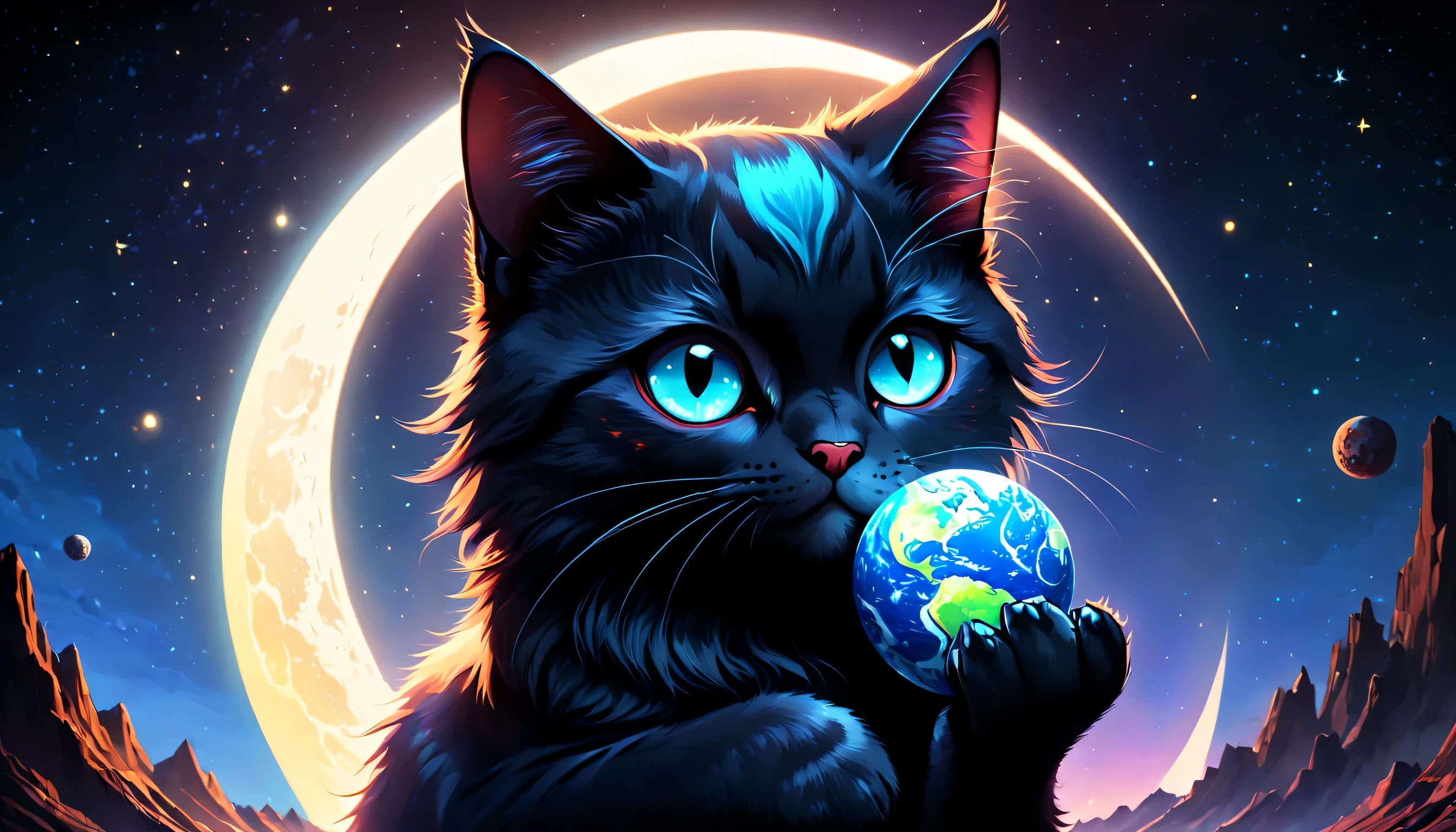 (Phil Carter) holding a (blue) Earth in its paws, (Cat Planet), (space cat), (cat god of Darkness), (cat from the void), (cat in space), Devour a planet, (A world ruled by animals), A world ruled by cats, with earth, (The god of cats), grab the earth, holding a planet, (cathartic), with earth in the background.
(Best quality, 4K, 8K, A high resolution, tmasterpiece:1.2), ultra - detailed, (actual, photoactual, photo-actual:1.37), HighDynamicRange, (vibrant with colorocus sharp), (physically-based renderingt), (Ultra-fine painting), (professional), (bokeh), (studio lamplight).
(illuminations), (oil painted), (3 Rendering), (photography), (Concept artist), (sporty attire), (The landscape), (sci-fy), (terror), (Japanese cartoons).
(Colorful, A vibrant one), (Dark, moodiness), (Ethereal), (The warm, glowing), (Soft, pastels), (like a dream).
(iintricate, theatrical) lamplight, theatrical shadows.