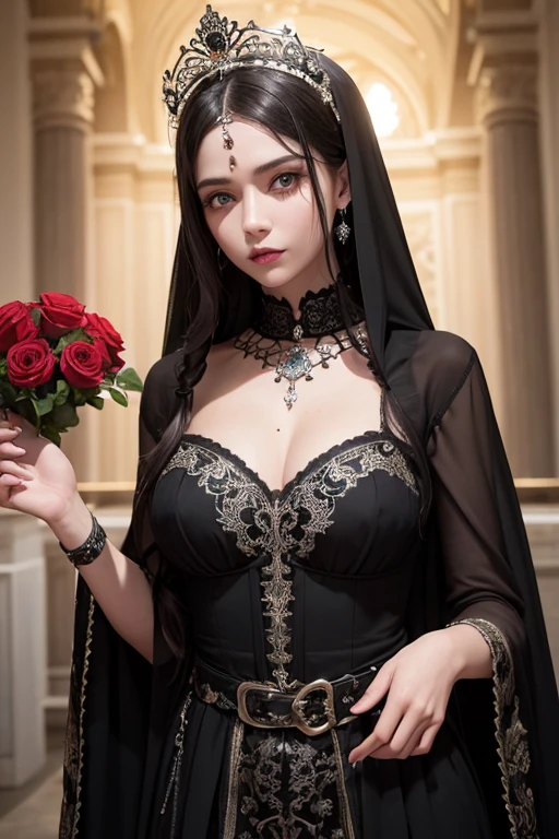 Create a beautiful woman in black and white medieval queen costume(((Full and soft breasts,)))(((Huge target chest))) (((Cleavage))) (Perfect curved body)