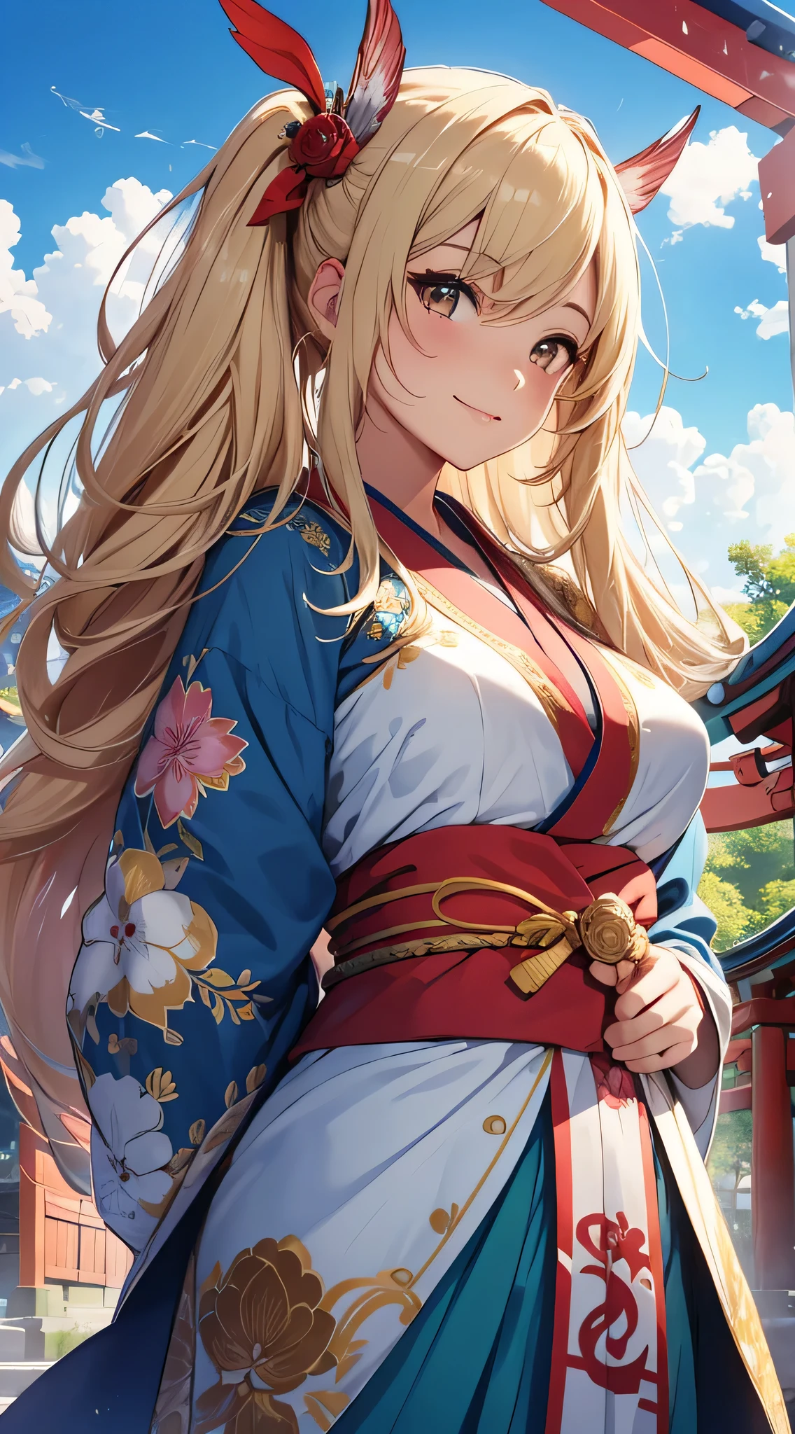 top-quality、Top image quality、masterpiece、teens girl((18year old、 Ager、Best Bust、Medium bust,wide open breast tea、Golden Eyes, a blond、poneyTail、A slender,Highest valley、Red kimono、Cute Hair Ornament、The best smile、Frolic)),hiquality、Beautiful Art、Background with((jpn、Blue sky、shrines、torii gate、Bright sun、big crowd)),masutepiece、depth of fields、movie、visualart、Perfect Art、POV POV Perspective