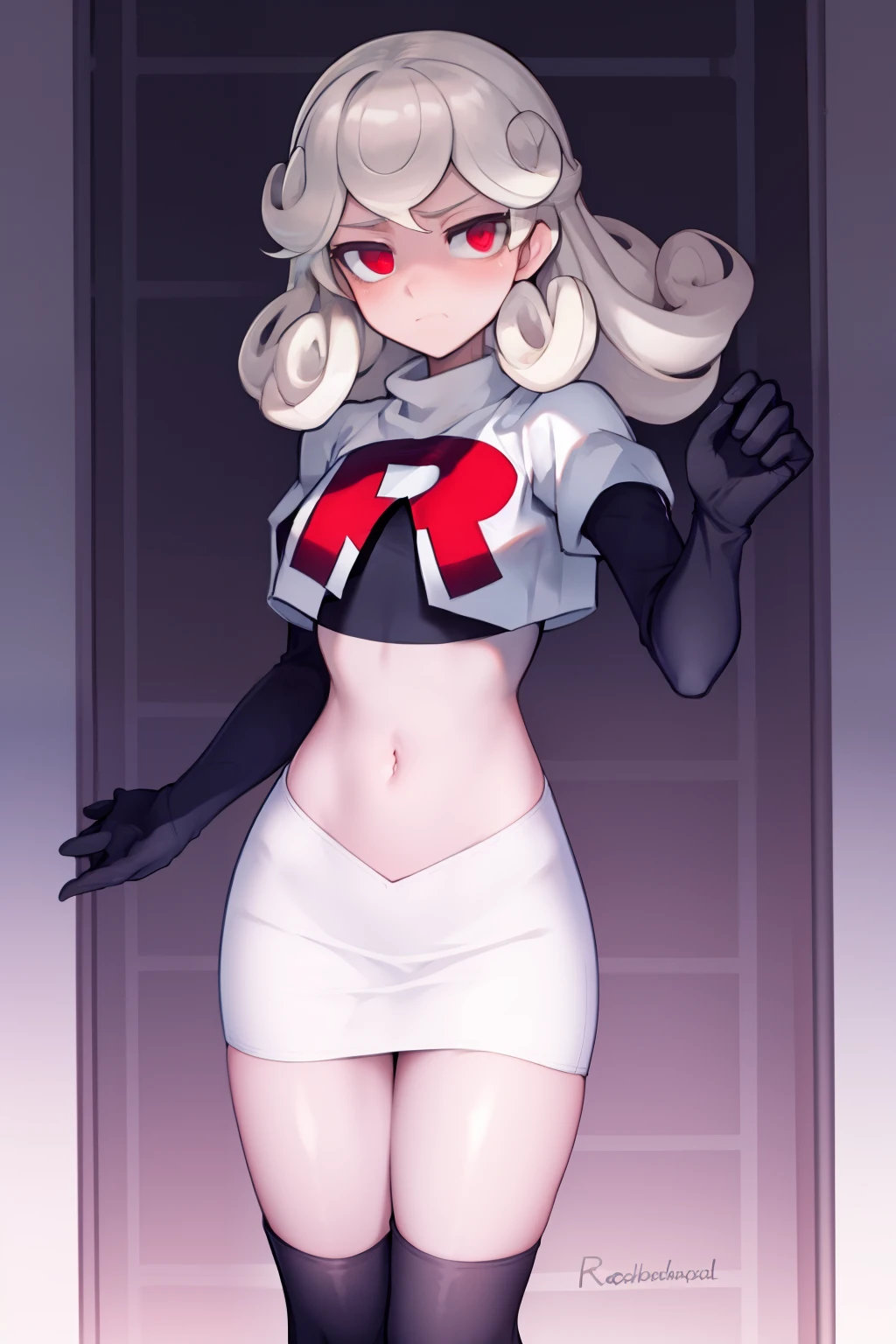 masterpiece, best quality, red eyes, white curly kair, team rocket,team rocket uniform,white skirt,red letter R,crop top,black thigh-highs,black elbow gloves,