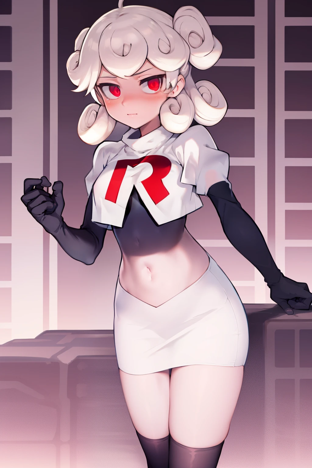 masterpiece, best quality, red eyes, white curly kair, team rocket,team rocket uniform,white skirt,red letter R,crop top,black thigh-highs,black elbow gloves,