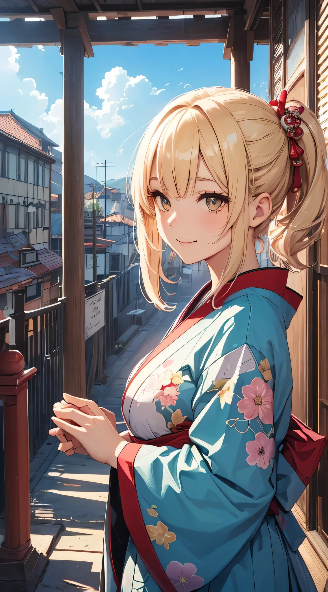 top-quality、Top image quality、masterpiece、teens girl((18year old、 Ager、Best Bust、Medium bust,wide open breast tea、Golden Eyes, a blond、poneyTail、A slender,Highest valley、Red kimono、Cute Hair Ornament、The best smile、Holding hands)),hiquality、Beautiful Art、Background with((jpn、Blue sky、shrines、torii gate、Bright sun、big crowd)),masutepiece、depth of fields、movie、visualart、Perfect Art、POV POV Perspective