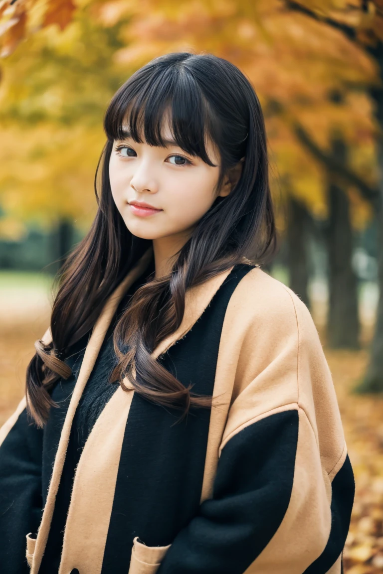 Beautiful girl wearing autumn clothes、12year old、bow ribbon、japanes、(heavy wind)、wistfulness、Black hair straight hair、With bangs、Spinning、An expression that reminds you of something with your eyes closed、faint and fall、