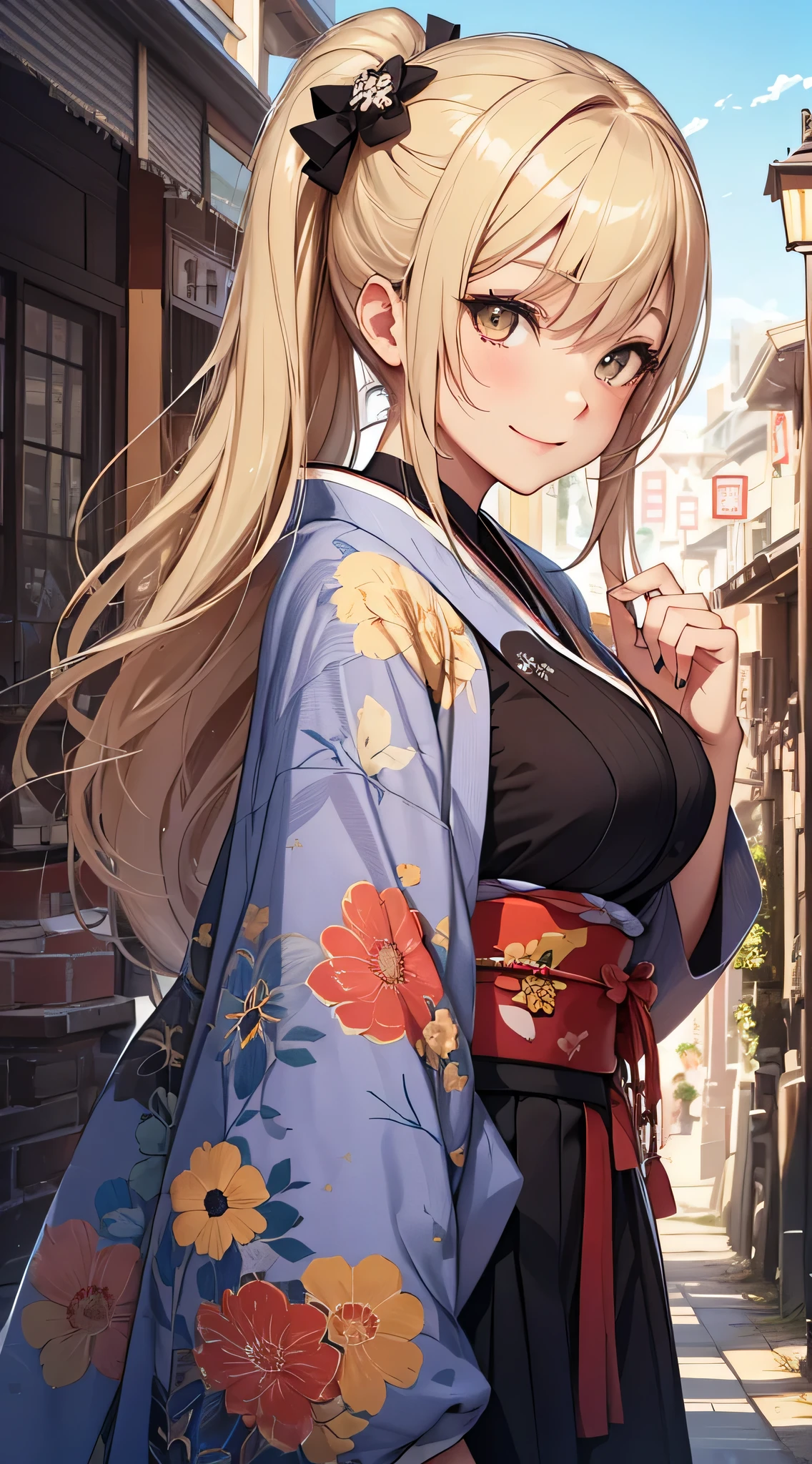 top-quality、Top image quality、masterpiece、teens girl((18year old、 Ager、Best Bust、Medium bust,wide open breast tea、Golden Eyes, a blond、poneyTail、A slender,Highest valley、Red kimono、Cute Hair Ornament、The best smile、Holding hands)),hiquality、Beautiful Art、Background with((jpn、Blue sky、shrines、torii gate、Bright sun、big crowd)),masutepiece、depth of fields、movie、visualart、Perfect Art、POV POV Perspective