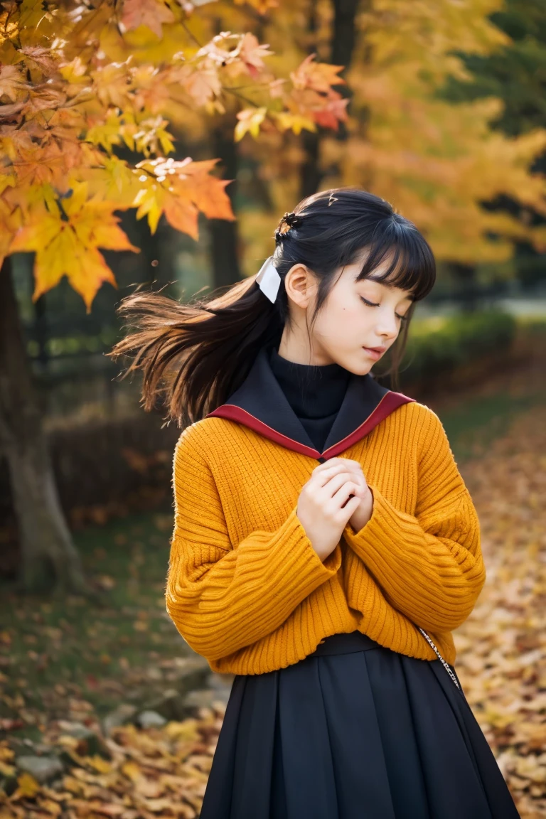 Beautiful girl wearing autumn clothes、14years、bow ribbon、japanes、(heavy wind)、wistfulness、A dark-haired、Spinning、close your eyes and pass out、