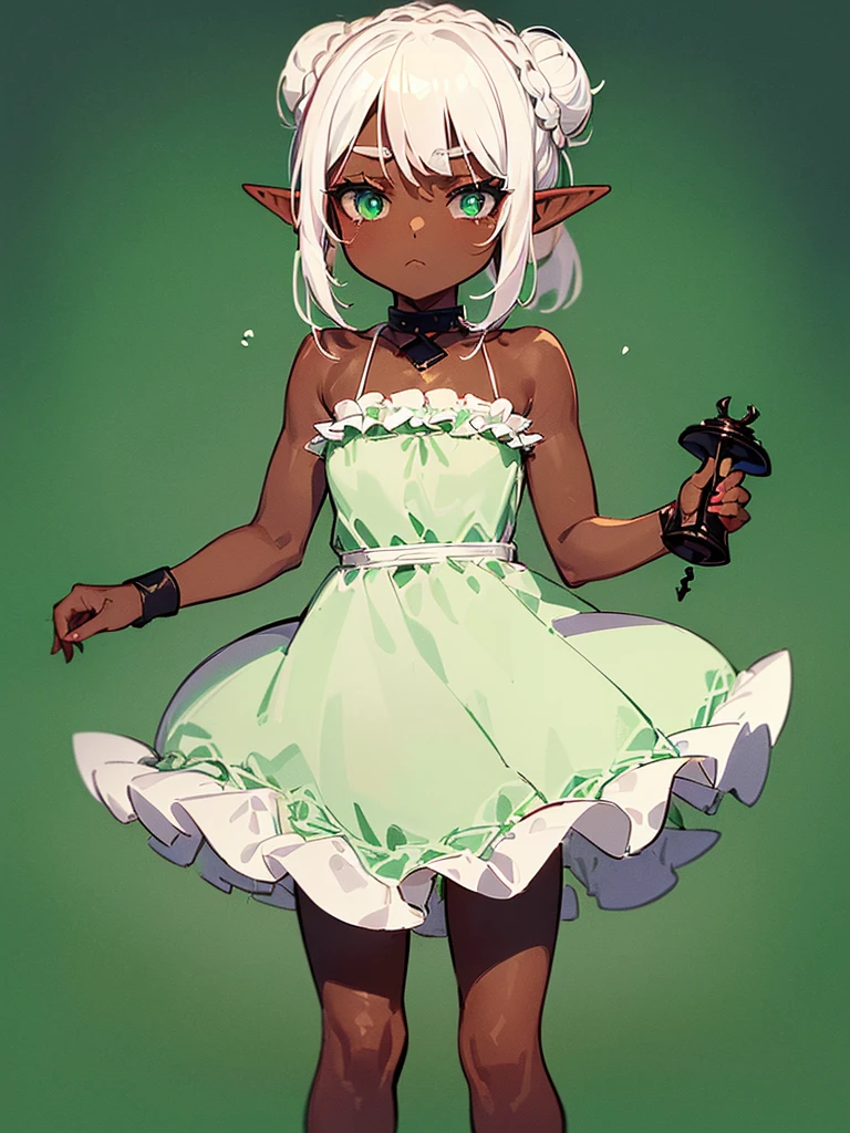 (((I want a little elf girl with dark skin, with white hair tied in a bun, green eyes, wearing an adorable dress, with a cold look while holding her dress tightly)))