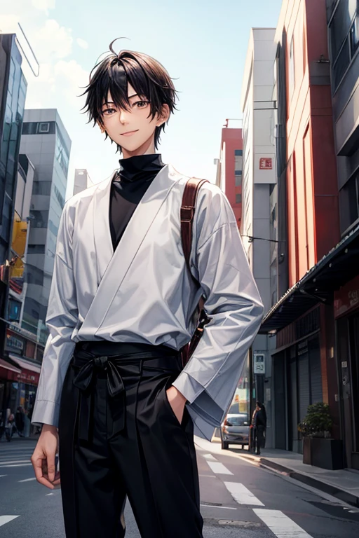 A tall 17 year old Japanese male with noticeable dark eyebags under his eyes. His face is angular and his medium-length hair is sideswept. He's wearing a white turtleneck and plain black pants. He has a long katana in a black sheath at his waist with a red handle. He's smiling slightly as he stands in an empty modern city environment while holding a coffee cup held in his left hand.