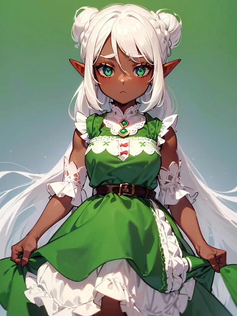 (((I want a  elf girl with dark skin, with white hair tied in a bun, green eyes, wearing an adorable dress, with a cold look while holding her dress tightly)))