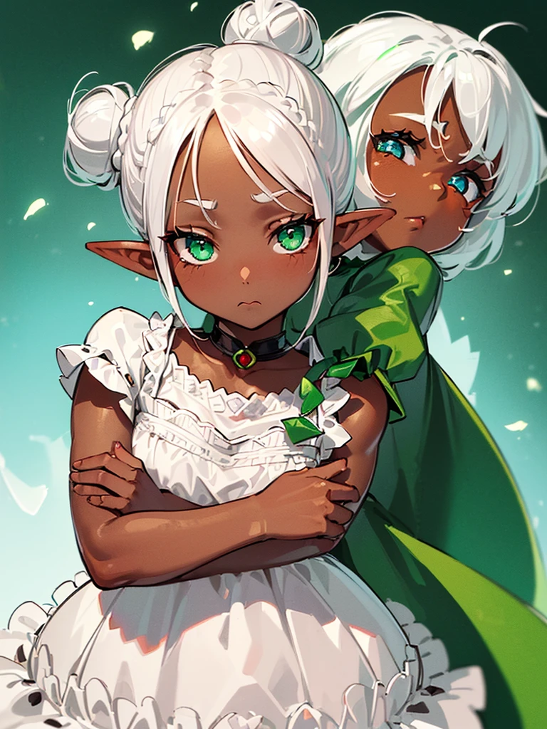 (((I want a little elf girl with dark skin, with white hair tied in a bun, green eyes, wearing an adorable dress, with a cold look while holding her dress tightly)))