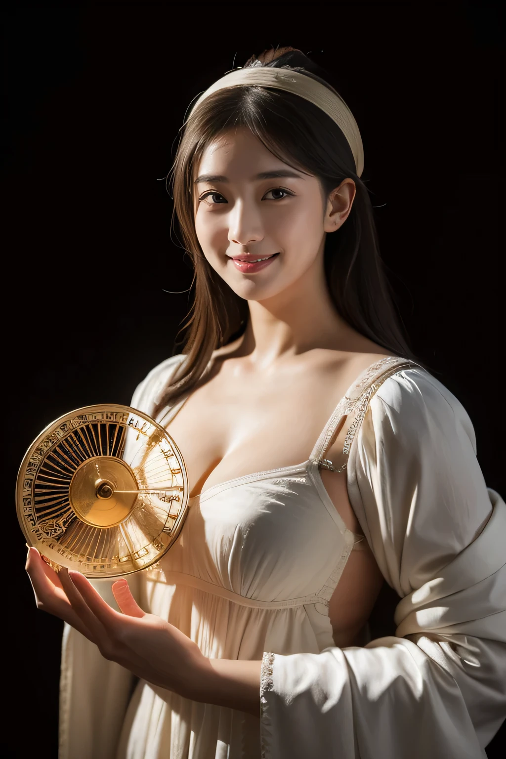 female mathematician,Ancient Greek costumes,Astronomical machinery,antique,A smile,,Sweet and seductive appearance.、Caravaggio's paintings、Chiaroscuro of Caravaggio,,Cute smile, Expression of ecstasy,erotick,A sexy