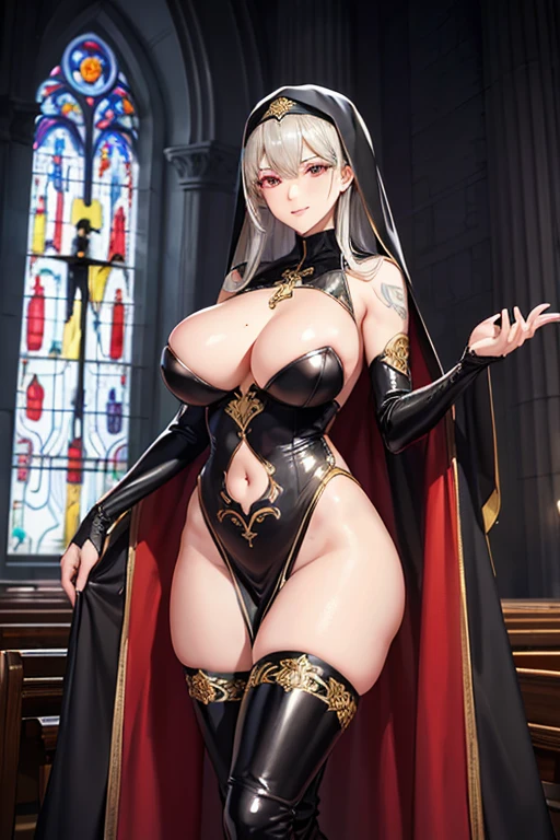 masterpiece,shiny skin,1woman in her 20s,Beautiful jpn-woman,villain,(full body),nun clothes,((sister veil)),intricately designed details,layered costume,(tattoo below the navel).(Silver blonde,(femdom),red eyes,(big breasts),(big ass),black thigh high boots,mysterious smile,standing,((church of evil)),Suspicious atmosphere,five fingers,night,