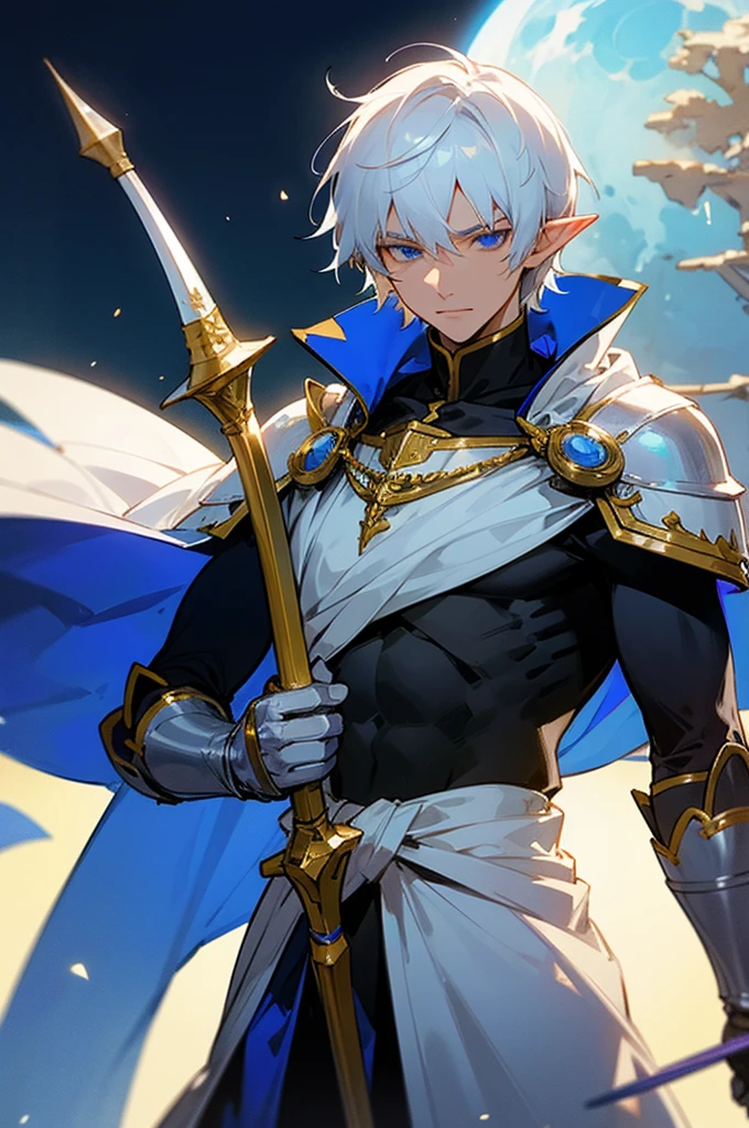 ultra-detailed, pointy ears, white hair, blue eyes, short hair, wears silver armor on his chest, on his sleeves he wears a white fabric up to his hands, wears a blue cape on his back with gold adornments, the cape covers the armor in his shoulders, holding a bow and arrow in his hands, and on his waist is a sword, the cloth Is the moon, a face, ethereal lighting, mystical atmosphere, vibrant colors