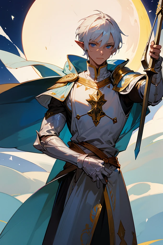 ultra-detailed, pointy ears, white hair, blue eyes, short hair, wears silver armor on his chest, on his sleeves he wears a white fabric up to his hands, wears a blue cape on his back with gold adornments, the cape covers the armor in his shoulders, holding a bow and arrow in his hands, and on his waist is a sword, the cloth Is the moon, a face, ethereal lighting, mystical atmosphere, vibrant colors