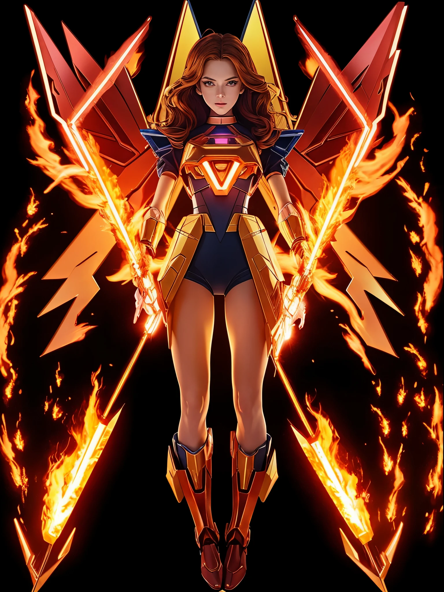(Masterpiece, high quality, best quality, official art, beauty and aesthetics:1.2),(fire element:1.1),composed of fire elements,(1girl:1.45),(gundam:0.6),highly realistic,graceful poses,transparency,Sci-fi light effects,(Illuminated circuit board:1.6),ukl,dress,flame,