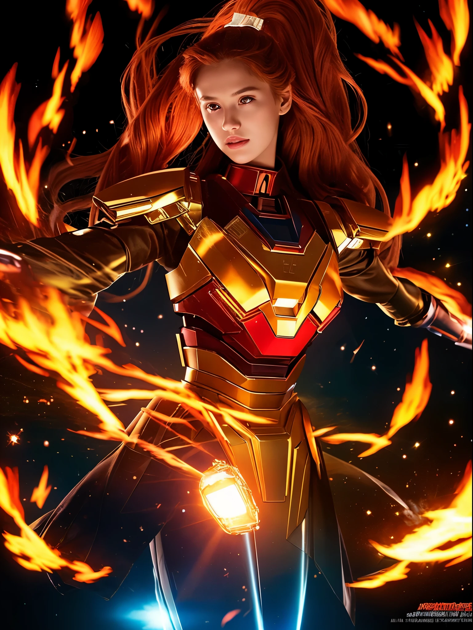 (Masterpiece, high quality, best quality, official art, beauty and aesthetics:1.2),(fire element:1.1),composed of fire elements,(1girl:1.45),(gundam:0.6),highly realistic,graceful poses,transparency,Sci-fi light effects,(Illuminated circuit board:1.6),ukl,dress,flame,