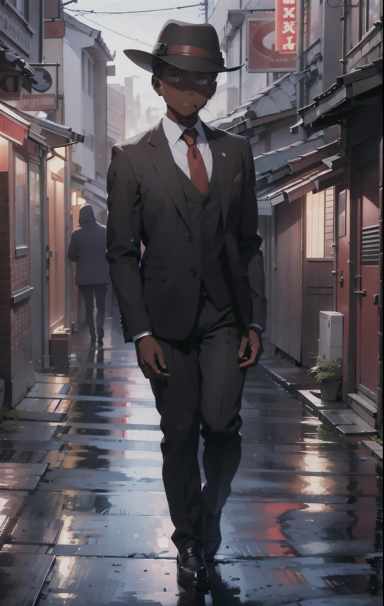 1man, dark skin, brown eyes, buzz cut, wide black and red homburg hat, black business jacket, white shirt, red tie, red gloves, black shoes, city background, perspective, wide shot, anime, high quality, high details, 1080P