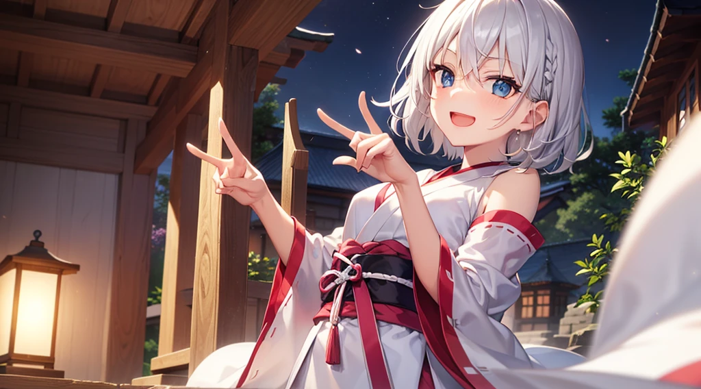 (masutepiece: 1.2, Best Quality), 1 Lady, Solo, silber hair,Shoulder out,Very short hair, long bangs between eyes, blue eyess,Black eyes,,White hair, Silver hair, shrine maiden clothe、shrines、A smile、open open mouth、5 fingers
